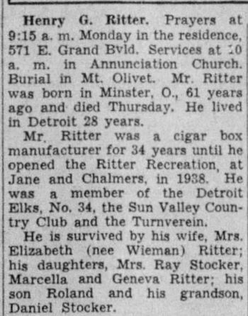 Ritter Recreation - Obituary For Henry G Ritter Jan 6 1940 (newer photo)